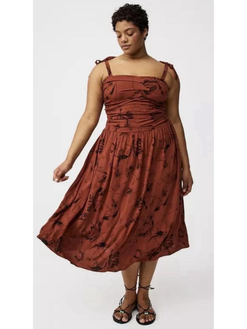 Torrid Shirred Top Tea Length Dress Dress‎ Sz M/L 00/10 Rust Floral Straps NWT